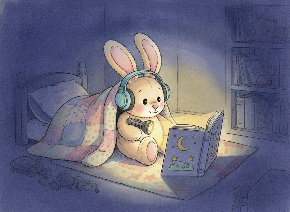 Ein Plüschhase mit Kopfhörern liegt unter einer Decke und schaut mit einer Taschenlampe in ein Bilderbuch.