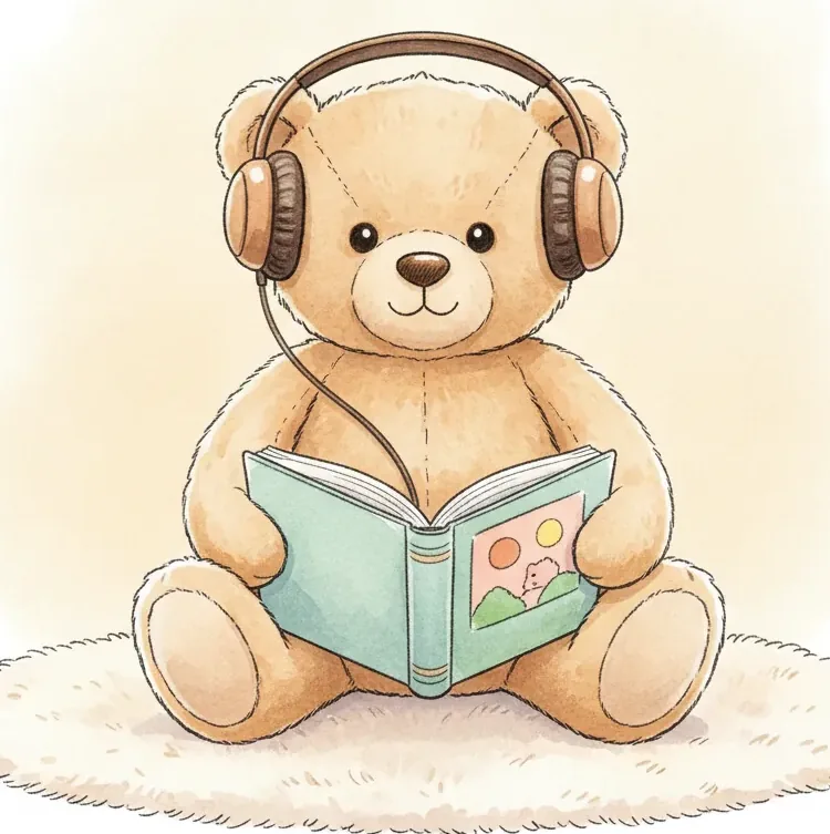 Ein Teddybär im weichen Knuffel-Aquarellstil mit Kopfhörern, der in einem aufgeschlagenen Bilderbuch liest.